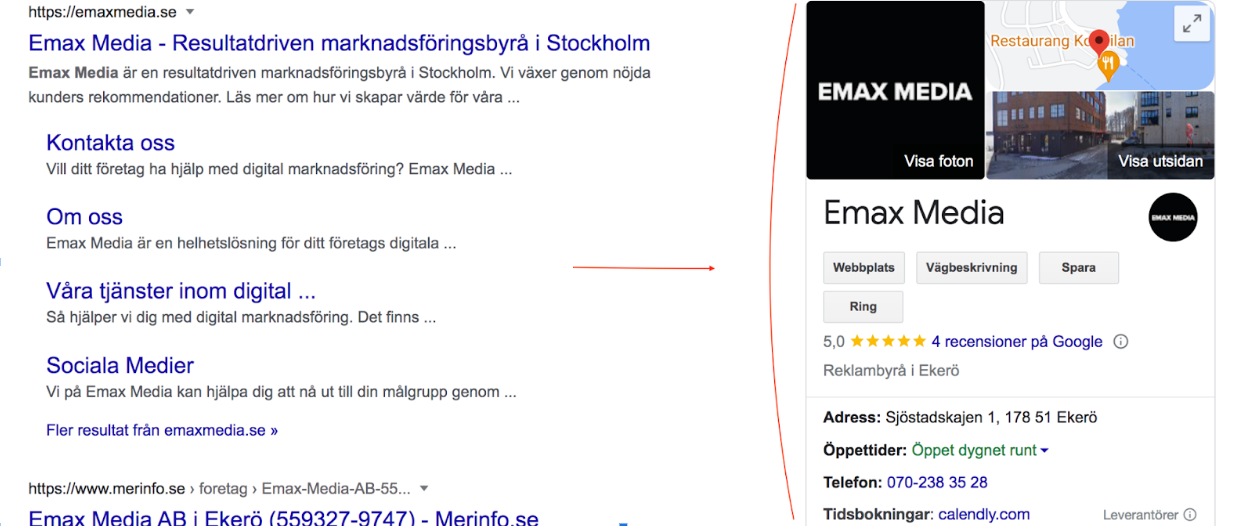 Google my business för Emax Media påverkar seo